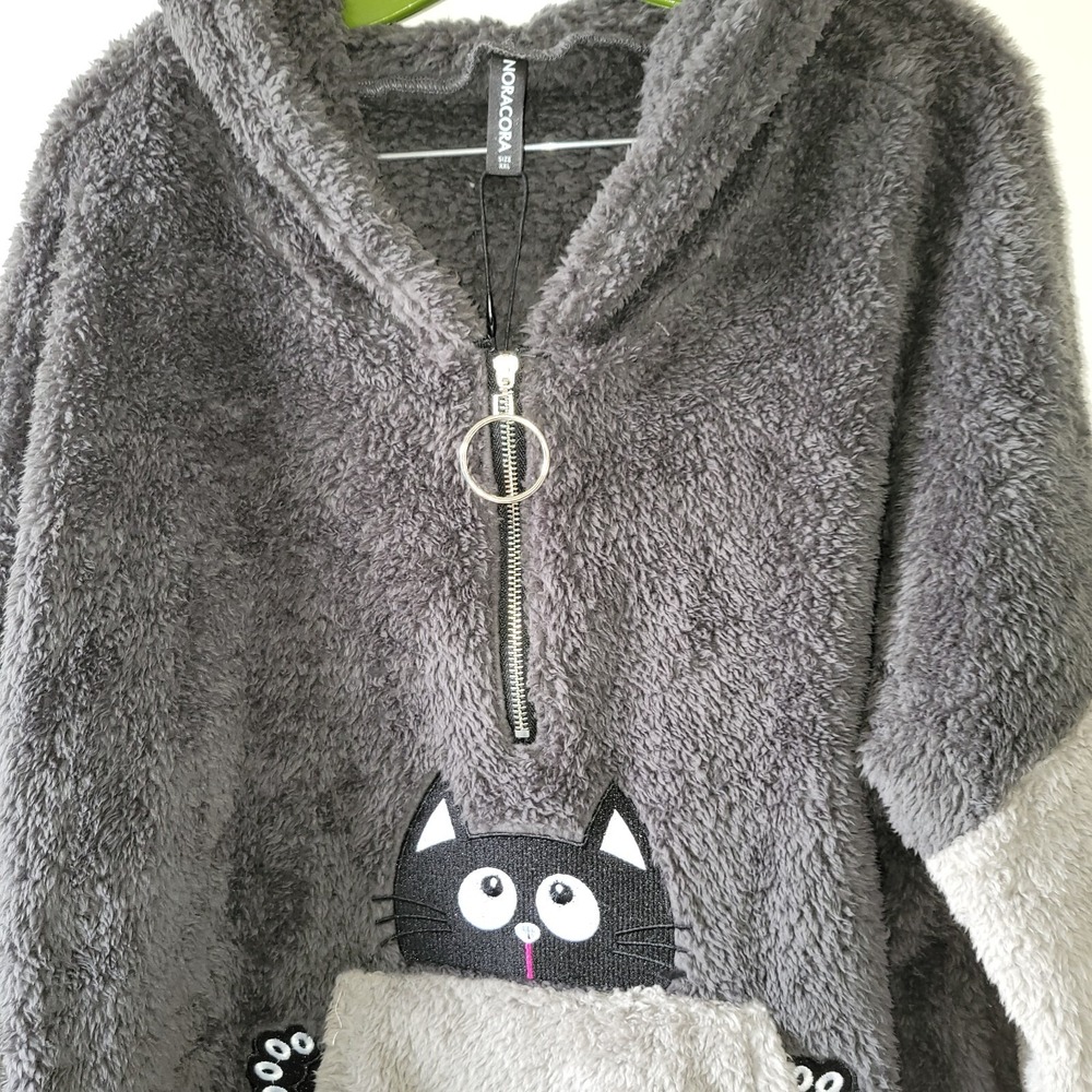 Noracora Plush Fleece Cat Hoodie XXL 1/4 Zip Pouch Pocket Dolman Sleeve Gray - Picture 6 of 15